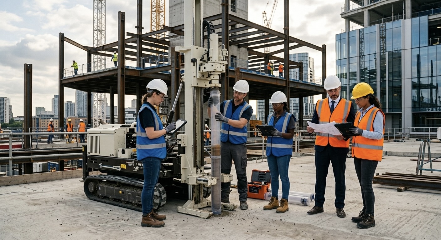 Equipo de perforación durante un estudio geotécnico en obra